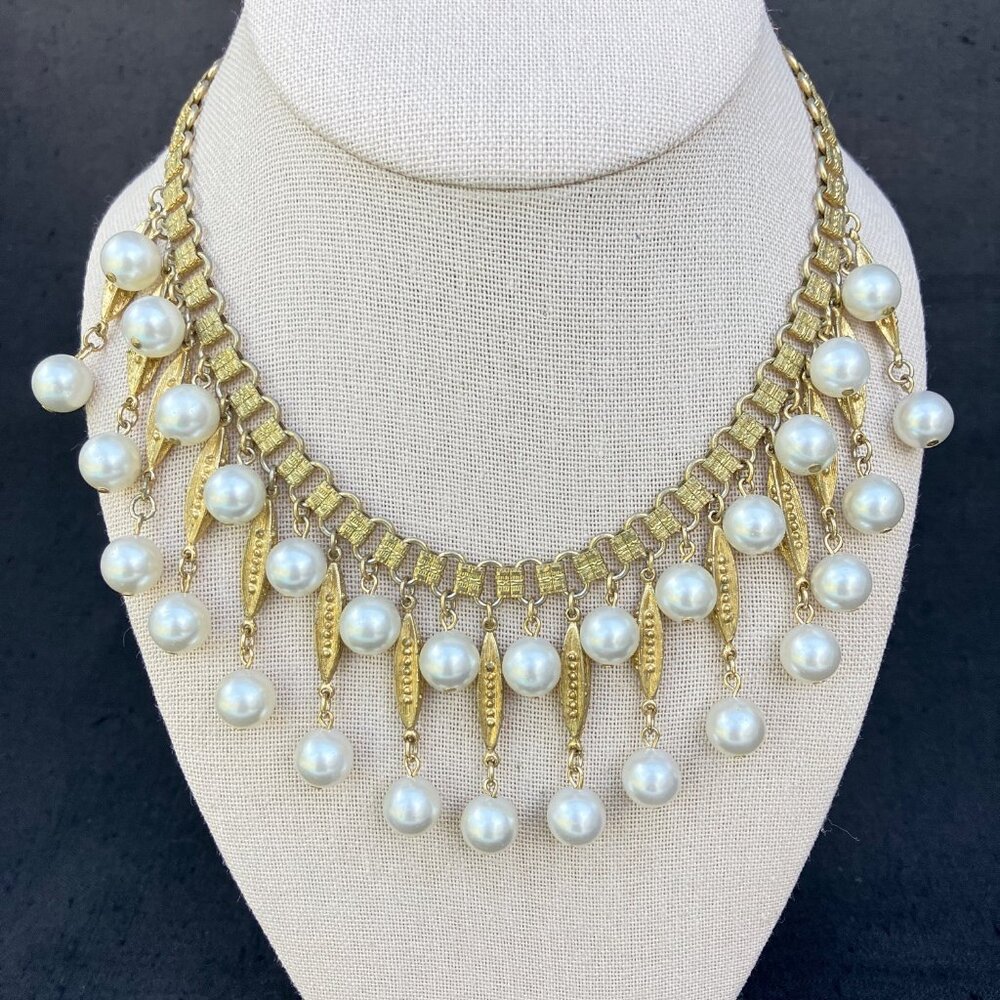 Coro Gold Tone Pearl Drop Waterfall Fringe Bib Necklace - signed